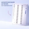 Das Bild zeigt ein Blatt mit 48 druckbaren Namensschildern von Avery, beschriftet mit 'Paul Meyer'. Die Schilder sind rasterförmig angeordnet und enthalten Produktdetails.