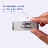 Das Bild zeigt eine Hand, die ein Namensschild mit dem Text 'Avery' und dem Namen 'Paul Meyer' hält. Es hebt 20 Namensschilder in Edelstahloptik hervor und erwähnt die Größe von 68 x 22 mm.