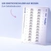Das Bild zeigt ein Blatt mit bedruckbaren Etiketten von Avery, mit 120 Etikettenbereichen und dem Namen "Paul Meyer" auf mehreren Etiketten. Es enthält auch Symbole für Benutzeranweisungen und die Produktnummer 6422.