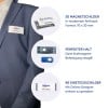 Das Bild zeigt eine Person in einem Blazer, die ein Namensschild trägt. Es gibt runde Einfügefelder mit Produkten im Zusammenhang mit magnetischen Namensschildern, einschließlich Beschreibungen der Produkte und ihrer Merkmale.
