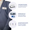Das Bild zeigt eine Person in einem dunklen Anzug, die verschiedene Namensschildprodukte präsentiert, darunter magnetische Badges und Namensschilder, mit Details zu deren Spezifikationen.