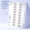 Das Bild zeigt ein Blatt mit Etiketten, das für den Selbstdruck entworfen wurde, mit 18 Etikettenabschnitten mit dem Text "Avery Paul Meyer". Die Etiketten sind in einem Rasterformat angeordnet.