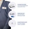 Das Bild zeigt Namensschilder, einschließlich magnetischer und Einsteck-Varianten, mit Details über die Produkte und deren Befestigungen, präsentiert neben einer Person im Anzug.