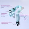 Das Bild zeigt ein Produkt mit Sicherheitsverschluss, verstellbarem Gurt aus recyceltem Polyester und einem Rollmechanismus mit Clipbefestigung. Details sind auf Deutsch annotiert.