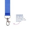 Das Bild zeigt ein blaues Lanyard mit einem Metallkarabiner, das seine Verwendung zum Anbringen von Namensschildern oder Accessoires veranschaulicht.