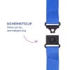 Das Bild zeigt einen Sicherheitsclip, der dafür ausgelegt ist, sich bei übermäßiger Spannung zu öffnen, dargestellt mit einem blauen Riemen und einem schwarzen Clipmechanismus. Die Anweisungen sind auf Deutsch.