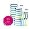 Das Bild zeigt ein Set von 30 Avery-Etiketten, die zum Markieren oder Identifizieren von Gegenständen gedacht sind, in verschiedenen Farben und Formen. Ein hervorstehender Kreis trägt die Aufschrift '30 Stift-Aufkleber'.