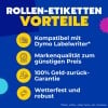 Blaues Poster, das die Vorteile von Rollenetiketten mit Symbolen und deutschem Text auflistet?
