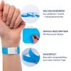 Das Bild zeigt Tyvek-Armbänder und hebt ihre Merkmale hervor: 500 strapazierfähige Armbänder, anpassbar mit einem Permanentmarker und wasserfest für längeren Gebrauch.