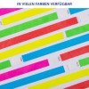 Das Bild zeigt bunte Streifen in verschiedenen leuchtenden Farben wie Pink, Grün, Rot, Gelb und Blau, die zufällig auf einem weißen Hintergrund angeordnet sind, mit einem Text, der darauf hinweist, dass sie in vielen Farben erhältlich sind.