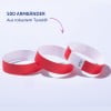 Das Bild zeigt drei rote Armbänder aus strapazierfähigem Tyvek-Material sowie einen Text, der angibt, dass sie in einer Packung mit 500 Stück geliefert werden.