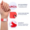 Das Bild zeigt ein Armband aus robustem Tyvek-Material, das sich für Veranstaltungen eignet und mit einem Permanentmarker leicht beschreibbar ist. Es hebt Merkmale hervor, wie wasserdicht zu sein und für den mehrtägigen Gebrauch ausgelegt zu sein.