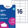 Ein Bild der Verpackung für Avery-Namensschild-Einlagen. Es zeigt Details zu bedruckbaren Namensschildern und ein Layout für 16 Einlagen pro Bogen.
