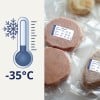 Das Bild zeigt gefrorene Fleischpatties in vakuumverpackter Verpackung neben einem Thermometer, das -35 °C anzeigt, was auf ihre Lagertemperatur hinweist.