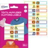 Packungsabbildung mit Etikettenbogen: Avery Textil-Etiketten, Artikel:  ETVET36A, Format: 13 x 45 mm, Inhalt: 36 Etiketten / 2 Bögen, 18 Etiketten/Bogen