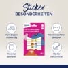 Das Bild zeigt eine Packung mit Kleidungsetiketten von Avery, die 36 Textilaufkleber enthält. Es hebt Merkmale wie kein Bügeln erforderlich, maschinenwaschbar, trocknergeeignet und mit einem Stift beschreibbar hervor, begleitet von entsprechenden Symbolen.