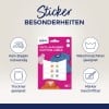 Das Bild zeigt eine Verpackung von Kleidungsetiketten von Avery, die wichtige Merkmale wie keine Notwendigkeit zum Bügeln und Eignung für Waschmaschine und Trockner hervorhebt.