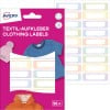 Packungsabbildung mit Etikettenbogen: Avery Textil-Etiketten, Artikel:  ETVET36M, Format: 13 x 45 mm, Inhalt: 36 Etiketten / 2 Bögen, 18 Etiketten/Bogen