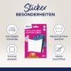 Das Bild zeigt eine Verpackung für Kleidungsaufkleber von Avery und hebt Merkmale hervor wie keine Bügelnotwendigkeit, geeignet für Waschmaschinen, trocknergeeignet und beschreibbar mit einem Permanentmarker.
