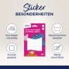 Das Bild zeigt eine Produktverpackung für Kleidungsetiketten von Avery. Es hebt Merkmale hervor wie kein Bügeln erforderlich, maschinenwaschbar, trocknersicher und geeignet zum Markieren mit einem Permanentmarker.