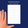 Größenvergleich mit Hand, Artikel: ETVET36, ein Bogen Textil-Etiketten, Format: 13 x 45 mm, Farbe: