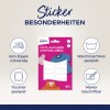 Das Bild zeigt die Verpackung für Avery Kleidungsetiketten und hebt Merkmale wie bügelfrei, maschinenwaschbar, trocknersicher und mit einem Marker beschreibbar hervor. Es enthält Illustrationen von Kleidungsstücken.