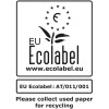 Das Bild zeigt das EU-Umweltzeichen-Logo und betont die Bedeutung des Recyclings von Altpapier. Es enthält einen Website-Link für weitere Informationen und eine Identifikationsnummer für die Umweltzertifizierung.