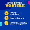 Blaues Poster mit deutschem Text, der die Vorteile eines Labels auflistet, und drei gelben Symbolen?