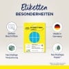 Das Bild zeigt eine Verpackung von Avery-Etiketten mit hervorgehobenen Merkmalen: beschreibbare Oberfläche, hergestellt in Deutschland und nachhaltige Verpackung. Das Etiketten-Set enthält verschiedene Farben und umfasst 108 Etiketten pro Blatt.