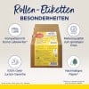 Das Bild zeigt eine Produktverpackung für Adressetiketten auf einer Rolle, kompatibel mit dem Dymo Labelwriter. Es hebt Merkmale wie eine Geld-zurück-Garantie, Qualität zu einem guten Preis und nachhaltiges Papier hervor.