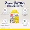 Das Bild zeigt eine Schachtel mit Roll-Etiketten, die mit dem Dymo LabelWriter kompatibel sind. Es hebt die Produkteigenschaften hervor, einschließlich hoher Qualität, permanenter Etiketten, Geld-zurück-Garantie und umweltfreundlichen Referenzen.