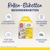 Das Bild zeigt eine Verpackung für Avery Zweckform Rollenetiketten und hebt Merkmale wie die Kompatibilität mit Dymo LabelWriter, eine Geld-zurück-Garantie, Qualität zu einem niedrigen Preis und den klimaneutralen Status hervor.
