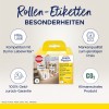 Das Bild zeigt eine Verpackung von Avery Zweckform Rollenetiketten, die die Kompatibilität mit Dymo Etikettendruckern, Qualitätssicherung zu einem guten Preis und umweltfreundliche Produktdetails hervorhebt.