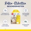 Das Bild zeigt eine Verpackung für Avery Rollenetiketten, die ihre Kompatibilität mit Dymo Labelwriter sowie Merkmale wie strapazierfähige Etiketten, Geld-zurück-Garantie und klimaneutrales Produkt hervorhebt.
