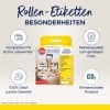 Das Bild zeigt eine Packung Rollenetiketten von Avery Zweckform. Es hebt Merkmale wie die Kompatibilität mit Dymo Labelwriter, strapazierfähige Qualität und eine Geld-zurück-Garantie hervor. Die Etiketten sind für verschiedene Anwendungen geeignet.