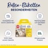 Das Bild zeigt eine Produktverpackung für Avery Zweckform Rollenetiketten, die für die Verwendung mit Dymo Labelwriters entwickelt wurden. Es hebt die Kompatibilität, Qualität zu einem wettbewerbsfähigen Preis, eine Geld-zurück-Garantie und Umweltaspekte hervor.