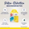 Das Bild zeigt eine Produktverpackung für Rollenetiketten, die mit dem Dymo LabelWriter kompatibel sind. Es hebt wichtige Merkmale wie eine Geld-zurück-Garantie, Markenqualität zu einem guten Preis und nachhaltiges Papier hervor. Die Verpackung stammt von Avery Zweckform und zeigt eine blaue Etikettenrolle sowie Details zum Produkt.