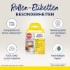 Das Bild zeigt eine Produktverpackung für Avery Zweckform Rollenetiketten, die Merkmale wie Kompatibilität mit Dymo Labelwriter, Geld-zurück-Garantie, Markenqualität zu erschwinglichen Preisen und nachhaltiges Papier hervorhebt.