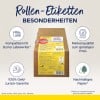 Das Bild zeigt eine Box mit Versandetiketten, die mit dem Dymo LabelWriter kompatibel sind. Es hebt Hauptmerkmale wie eine Geld-zurück-Garantie, Markenqualität zu einem niedrigen Preis und umweltfreundliches Papier hervor.