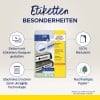 Das Bild zeigt eine Produktverpackung für Ultra-Grip-Etiketten von Avery Zweckform. Es hebt Merkmale wie einfaches Design, Kompatibilität mit allen Druckern und nachhaltige Papiernutzung hervor.