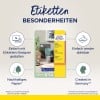 Das Bild zeigt eine Produktverpackung für Avery Zweckform ovale Etiketten, wobei einfacher Entwurf, ablösbare Etiketten, nachhaltiges Papier und die Herstellung in Deutschland hervorgehoben werden. Das Design hat ein modernes Layout mit Illustrationen des Produkts und Text in deutscher Sprache.