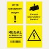 Das Bild besteht aus vier gelben Schildern. Das erste Schild fordert das Tragen eines Helms. Das zweite warnt davor, dass das Gebiet unter Kameraüberwachung steht. Das dritte weist auf eine Regalgebühr hin, und das vierte zeigt ein Symbol für elektrische Gefahren.