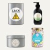Das Bild enthält vier Produkte: eine graue Dose mit der Aufschrift 'LACK' und einem Warnzeichen, eine schwarze Flasche Bodylotion, eine graue Dose mit der Aufschrift 'Raumkultur' und ein klares Glas gefüllt mit bunten Süßigkeiten.