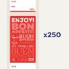 Dieses Bild zeigt ein buntes Etikett oder Schild mit dem Text 'ENJOY! BON APPETIT!' und Übersetzungen in verschiedenen Sprachen, entworfen für kontextbezogene Anwendungen im Lebensmittelbereich.