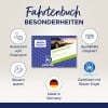 Das Bild zeigt ein Produkt namens 'Fahrtenbuch 1221' von AVERY. Es hebt Merkmale wie die Anerkennung durch Finanzämter, integrierte Ausfüllhilfe und die Zertifizierung mit dem Blauen Engel für Umweltstandards hervor. Das Produkt wird in Deutschland hergestellt und soll dabei helfen, Steuern zu sparen.