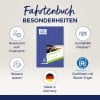Das Bild zeigt ein Fahrtenbuch mit Funktionen wie Steuereinsparungen, Integrationshilfe, Zertifizierung mit dem Blauen Engel und Anerkennung durch das Finanzamt. Es wird in Deutschland hergestellt.