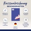 Das Bild zeigt ein Produkt mit der Aufschrift 'Kassenabrechnung 1768' von Avery Zweckform, das seine Funktionen wie Selbstaufzeichnung, integrierte Unterstützung und Anerkennung durch die Steuerbehörden hervorhebt, zusammen mit einer deutschen Flagge, die anzeigt, dass es in Deutschland hergestellt wird.