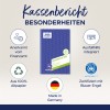 Das Bild zeigt ein Produkt mit dem Titel 'Kassenbericht 1265' von Avery Zweckform, das seine wichtigsten Merkmale hervorhebt, wie die Anerkennung durch das Finanzamt, integrierte Ausfüllhilfe, hergestellt aus 100% recyceltem Papier und zertifiziert mit dem Blauen Engel. Es ist auch mit 'Made in Germany' gekennzeichnet.