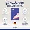 Das Bild zeigt ein Produkt namens Kassenbericht 1743, das seine einzigartigen Merkmale hervorhebt, wie zum Beispiel Selbstkopie, Anerkennung durch Finanzämter, integrierte Ausfüllhilfe und hergestellt in Deutschland. Es zeigt auch Symbole, die mit diesen Merkmalen in Verbindung stehen.