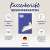 Das Bild zeigt einen Kassenbericht, der als Finanzbericht von den Steuerbehörden anerkannt wird. Es hebt seine Merkmale hervor, einschließlich Perforation, integrierte Unterstützung und robuste Bindung, und wird in Deutschland hergestellt.